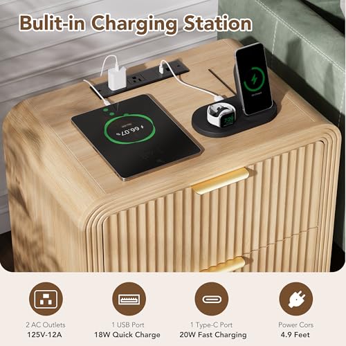 Oak Fluted Nightstand with Charging Station - 2 Drawers, 23-Inch Wide