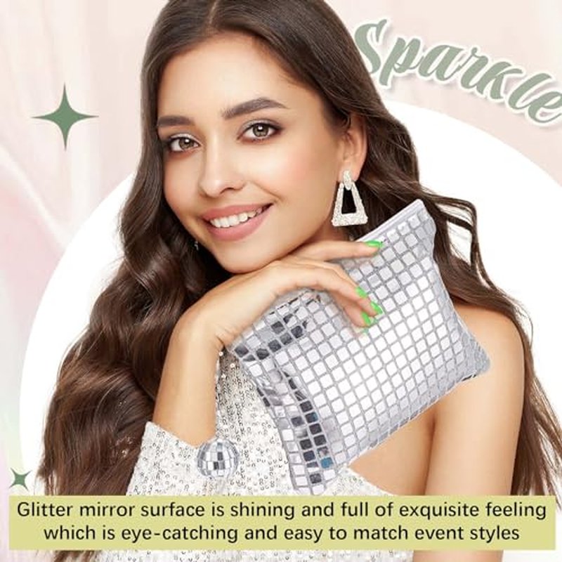 12 Pack Disco Makeup Bags Pop Star Party Favors Portable Glitter Sequin Mirror Cosmetic Organizer with Zipper, Suit for Bachelorette New Years Eve 70s, 80s, 90s Disco Party Favor (Silver)