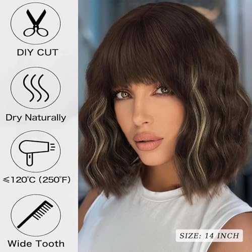 Brown Mixed Blonde Short Wavy Bob Wig with Bangs for Women - 14 Inch, Heat-Resistant Synthetic Hair