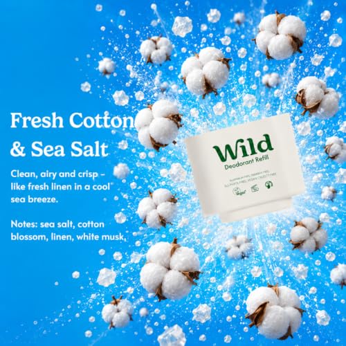 Wild Aluminum Free Natural Deodorant Starter Kit - Pink Refillable Case & 24H Odor Protection - Fresh Cotton & Sea Salt Scent