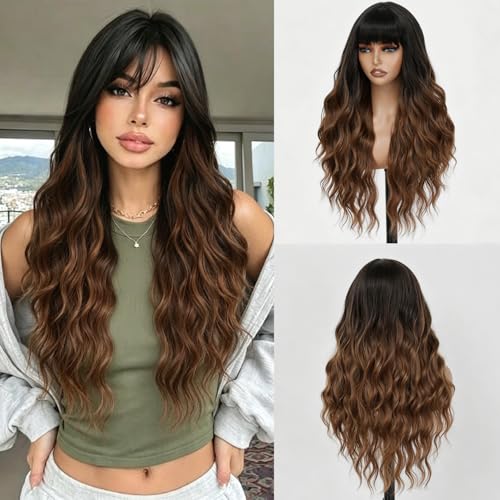 FEIVOSILAN Ombre Brown Wavy Wig with Bangs - Long 26 Inch Synthetic Hair for Women