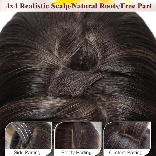 Ombre Blonde Wig with Bangs, Long 26 Inch Layered Synthetic Wig - Dark Root to Honey Blonde, Variation #Ombre Dark Root to Honey Blonde / 26 Inch