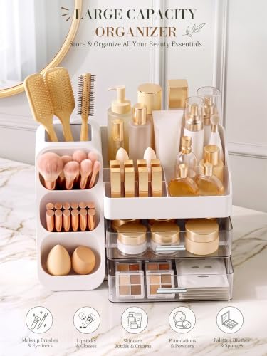 Large White Makeup Organizer for Vanity with 2 Drawers & Brush Holder - Clear Display