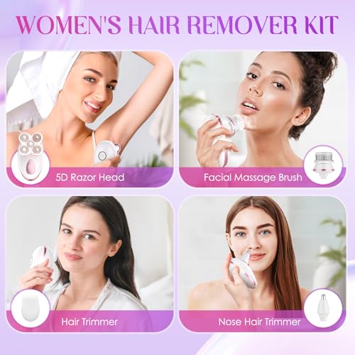 Electric Razors for Women Legs - Painless Body Shavers for Sensitive Skin - 5 in 1 Cordless Lady Trimmer for Women's Leg, Bikini and Face - Waterproof Wet/Dry Remover, Rechargeable, Cherry