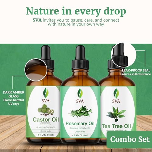 SVA Rosemary Essential Oil, Tea Tree Essential Oil and Castor Oil 4oz Bundle Super Saver Combo ? Premium Grade Value Set for Hair Oiling, Scalp Massage, Hair Care, Skin Care and Body Massage