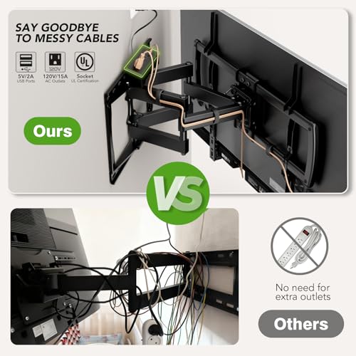 32-85 Inch Full Motion TV Wall Mount with Power Outlet - Dual Articulating Arms, Tilt, Swivel, Extension, Leveling, Fits 8-16 Inch Studs, Max VESA 600x400mm, Holds 132lbs