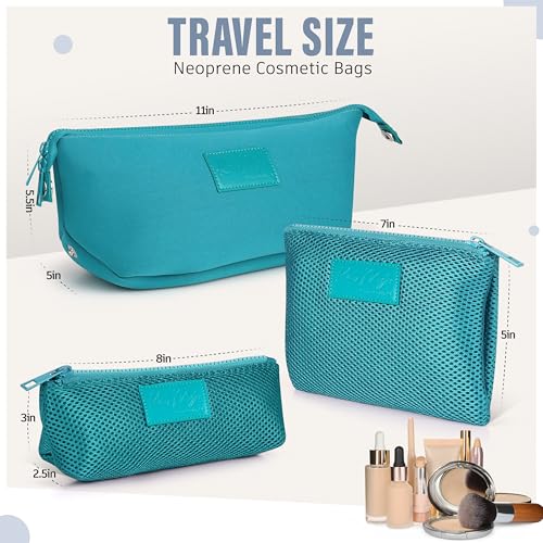 Kat Myhr Turquoise Neoprene Travel Makeup & Cosmetic Bag Set with Mesh Pouches