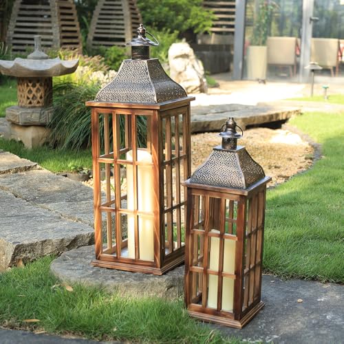 Rustic Farmhouse Wooden Metal Lantern Set of 3 - 27, 22 & 15 Inches - Brown