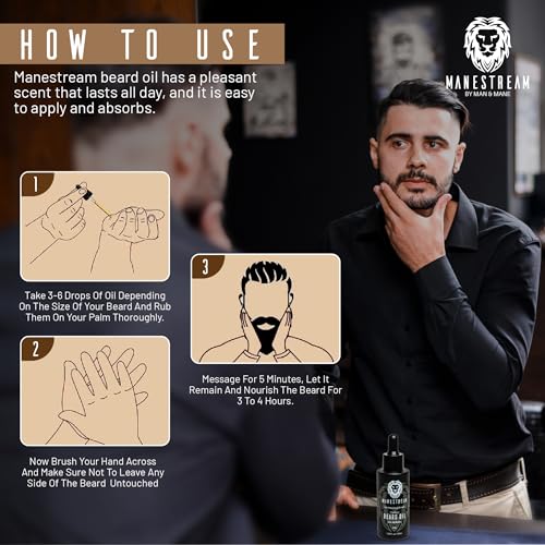 MAN & MANE Manestream Beard Oil for Men, Beard Growth Oil, Hair Growth Oil with Jojoba, Macadamia, Sunflower, Olive Oils - 50ml (Summer (Orange))
