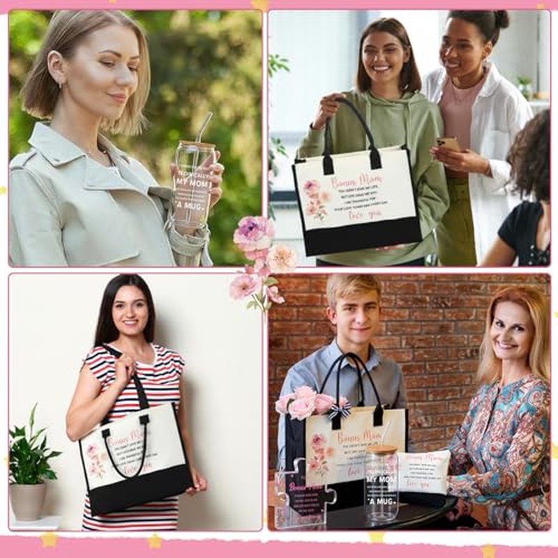 6 Pcs Bonus Mother Gifts Birthday Thank You Appreciation Gifts Set Include Tote Bag Makeup Bag Glass Cup Acrylic Medal Keychain and Bracelet Present for Bonus Mother Mom Mother's Day