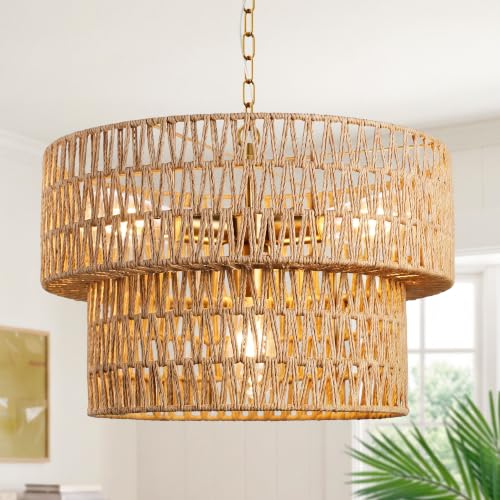 Brown V-2Tier 17.7 inch Boho Rattan Pendant Light Fixture with Wicker Shade