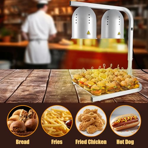 Food Heat Lamp with 2 x 250W Bulbs - Silver, Adjustable Stand, 5000+ Hours