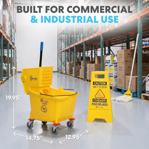 Commercial 26 Quart Mop Bucket with Side Press Wringer - Heavy-Duty, Yellow