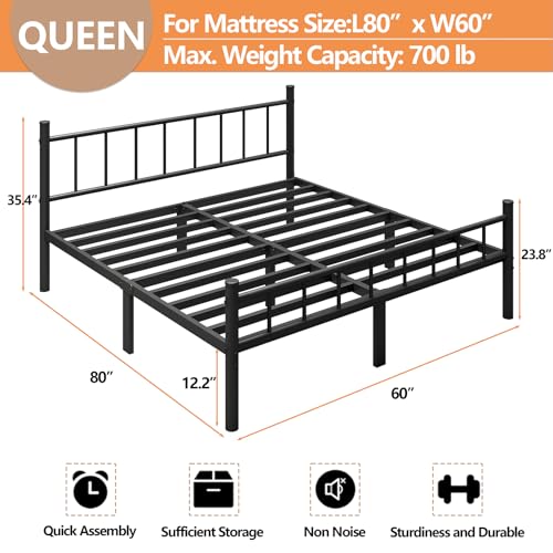 Queen Metal Bed Frame with Headboard Footboard and Steel Slats - 14 Inch Variation