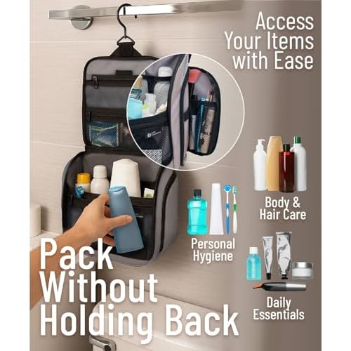 D&D Hanging Travel Toiletry Bag for Men and Women - Extra Large Hanging Shower Bag and Toiletries Organizer Kit with 10 Compartments, Quality Zippers, XXL Metal Swivel Hook, Water-Resistant Nylon