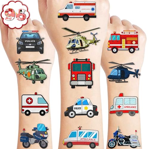 96 PCS Emergency Transportation Pre-Cut Temporary Tattoos Themed Birthday Party Decorations Favors Supplies Decor Vehicle Ambulance Tattoo Stickers Gifts For Game Boys Girls School Prizes Reward