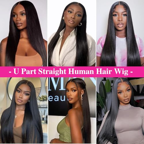 16 Inch Natural Black U Part Human Hair Wigs for Women - No Glue, Full Head Clip-In, Beginner Friendly