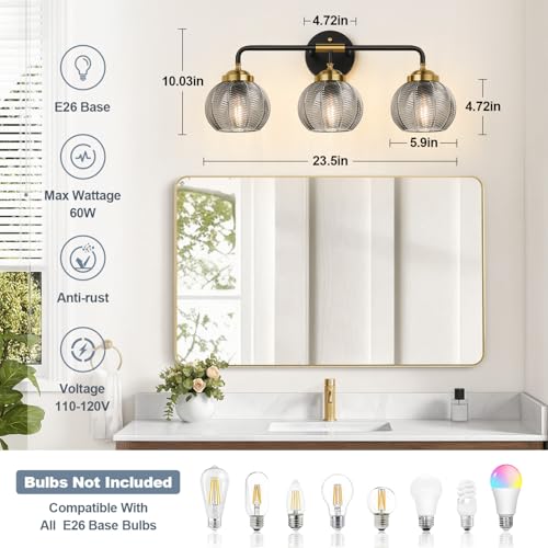 Bathroom Vanity Light Fixture 3-Light Smoke Gray Glass Leaf Texture Modern Black & Gold