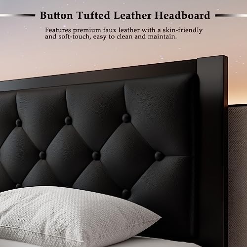 Feonase Twin Size Metal Bed Frame with Faux Leather Headboard, Storage, Black - No Box Spring Needed