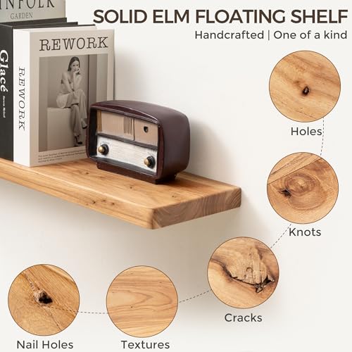 Floating Wall Shelves Set of 2 - 24 Inch Reclaimed Elm Rustic Storage for Kitchen & Bathroom - Variation Elm / 6.7"D x 24"L