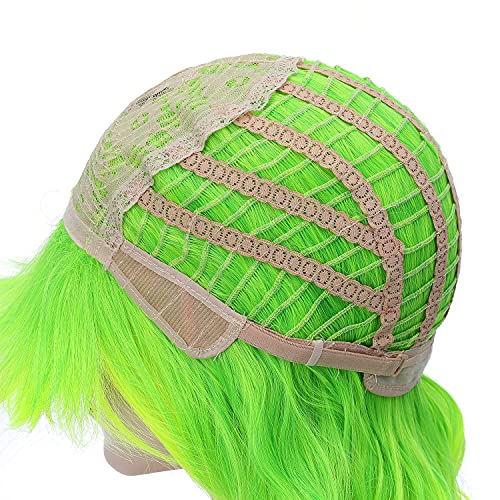 PATTNIUM Lime Green Short Wavy Wig for Women Girls - Fluorescent Synthetic Hair with Bangs