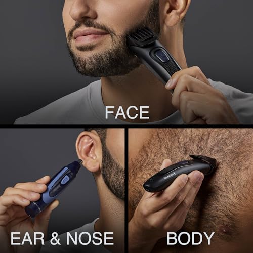 Rechargeable Beard Trimmer Kit with Nose & Detail Trimmer - Adjustable Length, Travel Pouch