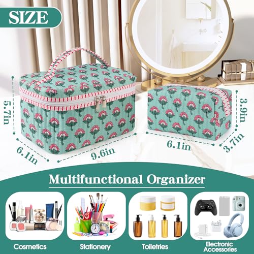 Pink Ice Green Floral Quilted Makeup Bag Set - Travel Cosmetic Bags for Women & Girls