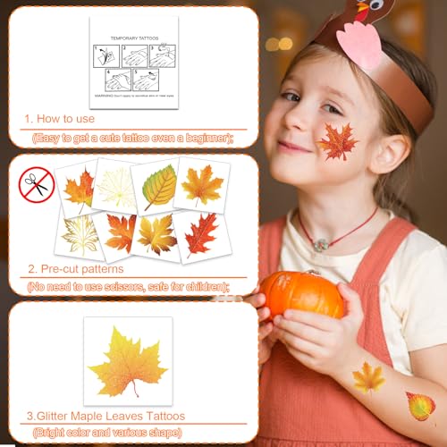 HOWAF 72pcs Glitter Fall Leaves Temporary Tattoos Autumn Harvest Tattoos Stickers for Kids Girls Boys Decor, Glittery Maple Leaves Fake Tattoo Autumn Leaf Face Tattoos for Fall Gift Bags Fillers