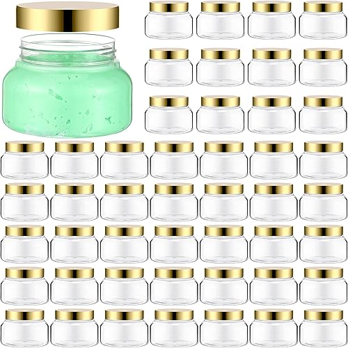 Mumufy Round Plastic Containers Plastic Jars with Lids Empty Travel Containers for Creams Refillable Cosmetic Jars for Lotions Body Scrub Body Butter(8 oz,Gold,Clear,48pcs)