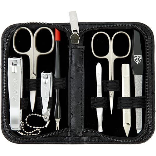 Manicure Pedicure Grooming Kit - 8-Piece Nail Care Set in Black Ostrich Leather Case - Made in Germany
