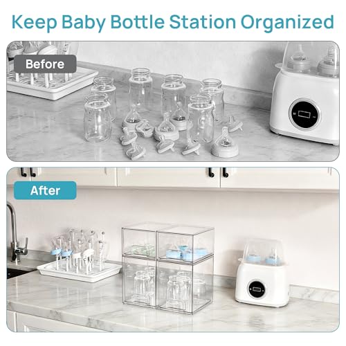 Stackable Storage Drawers Set of 8 - Clear Plastic Organizer Bins with Handles & Non-Slip Feet - Includes 4 Small, 2 High, 2 Wide
