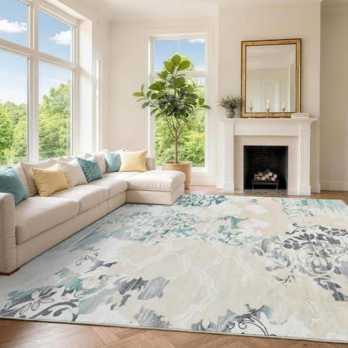 9x12 Beige Washable Non-Slip Area Rug for Living Room - Vintage Style