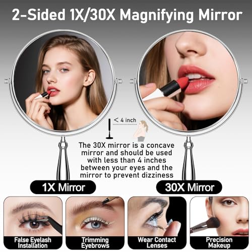 Silver 30X Magnifying Vanity Mirror with Stand - 8 Inch Double-Sided Makeup Mirror for Desk & Home