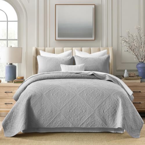AJOCCI Grey Queen Cotton Quilt Set 3PC - Breathable All-Season Bedspread