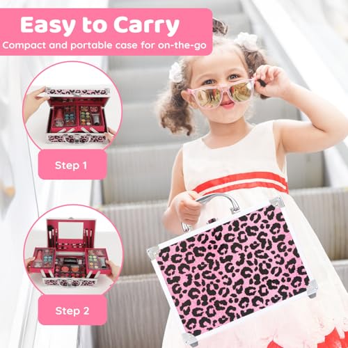 Pink All-In-One Teen Makeup Kit with Leopard Case - 28 Eyeshadow Colors & Accessories