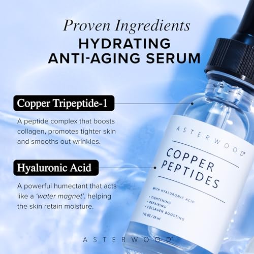 Asterwood Copper Peptides Serum for Face - Tightening, Repairing, Collagen Boosting - with GHK-Cu Peptide and Hyaluronic Acid - 2 Fl Oz