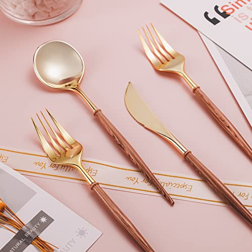 Gold Plastic Cutlery Set with Wooden Grain Handles - 240pcs - Elegant Disposable Utensils