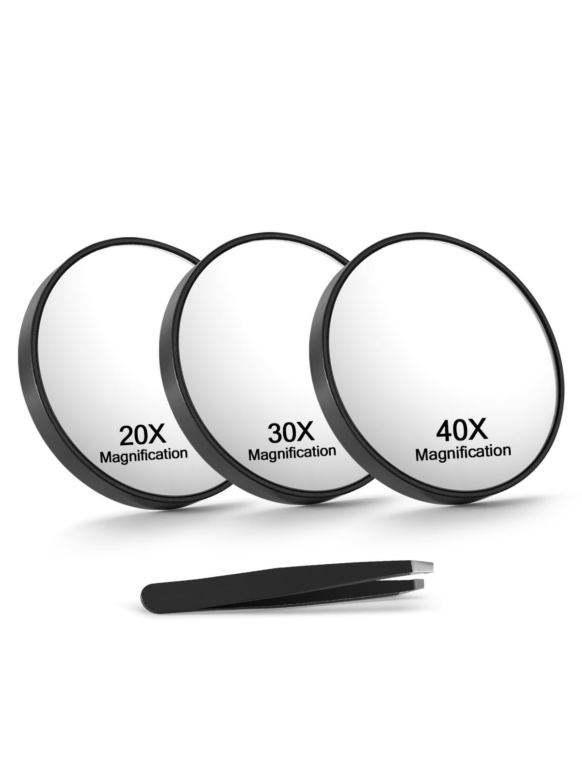 Macaki 20X/30X/40X Magnifying Mirror with Suction Cups and Tweezers Set, 3.5 inches Travel Magnified Makeup Mirror, Black, 3PCS