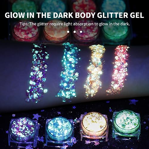 Glow in The Dark Body Face Glitter Gel for Women, 12 Colors Glitter Gel Makeup Chunky Fine Glitter, UV Black Light Accessories for Body/Face/Hair/Eyeshadow, Carnival Party(Not Loose Glitter)