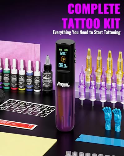 Wireless Tattoo Gun Kit with 47 Pieces - Purple, Model Neebol L - Beginner Friendly