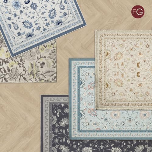 EverGrace 5x7 Porcelain Blue Floral Boho Indoor Outdoor Rug - Washable Low Pile Floor Mat for Living Room, Bedroom, Kitchen, Entryway