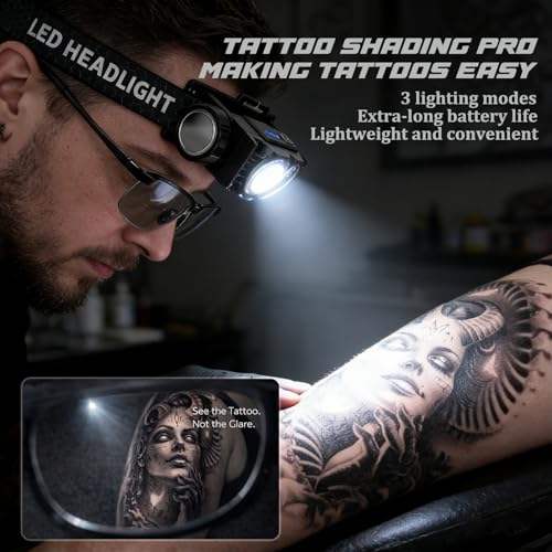 MK TATTOO Headlamp with Anti-Glare Glasses, 4500 Lumens, Rechargeable Tattoo Lighting Kit