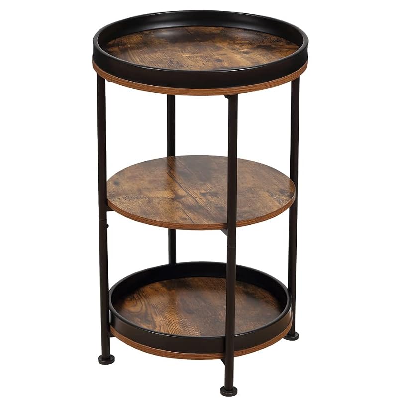 Dulcii Rustic Brown Round Side Table with 3 Storage Shelves - Classic Variation