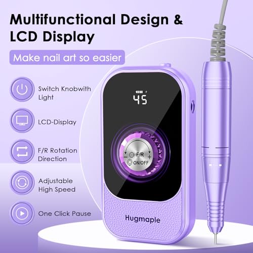 Professional Electric Nail Drill File, HUGMAPLE 45000RPM Portable E-File Machine with Bits & Base, Cordless Rechargeable Nail Drill Kit for Shaping, Removing & Polishing Gel Nails Salon Home (Purple)