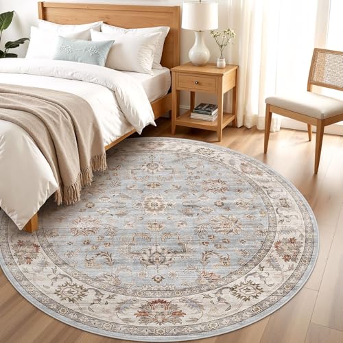 8ft Round Washable Area Rug - Non-Slip Boho Carpet with Vintage Floral Pattern - Dusty Blue-Gray/Skye/Cerulean Variation