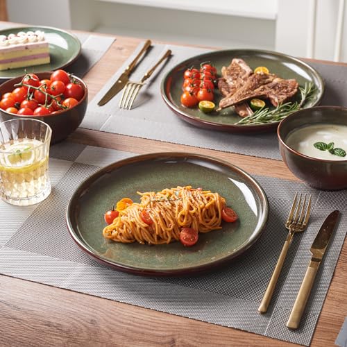 Pokini 12-Piece Stoneware Dinnerware Set for 4 Brown Green Reactive Glaze