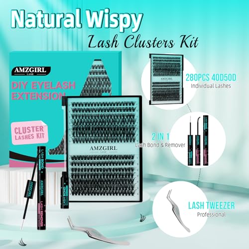 Lash Extension Kit 280PCS Eyelash Clusters 40D 50D DIY Eyelash Extension Kit Individual Lashes Natural Lash Clusters Kit with Lash Bond and Remover, Lash Tweezers(D-Mix9-16mm Kit)