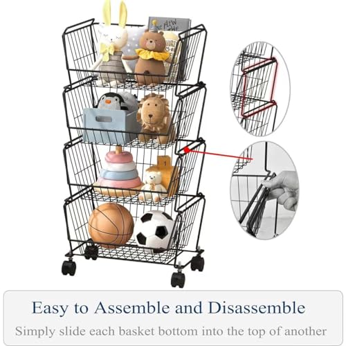PUSDON Matte Black 6-Tier Stackable Wire Storage Cart with Lockable Wheels