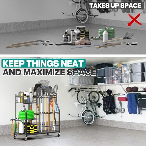 Large Garden Tool Organizer Stand with Wheels - Heavy-Duty Garage Storage