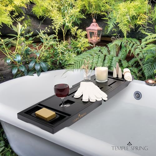 Temple Spring Wooden Bathtub Tray, Bamboo Bathroom Accessories, Bath Tray for Tub, at Home Spa Essentials, Board for Tub Table, Bath Caddy for Bathtub Accessories & Bathroom Essentials ? Black